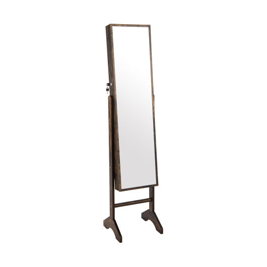 Free-Standing Jewelry Cabinet with Full-Length Mirror and Lockable Door-Brown