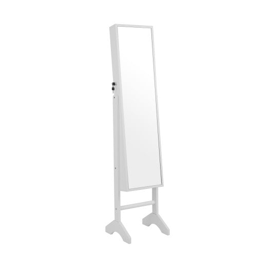 Free-Standing Jewelry Cabinet with Full-Length Mirror and Lockable Door-White