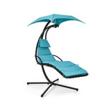 Hanging Curved Steel Swing Chaise Lounger with Removable Canopy-Turquoise