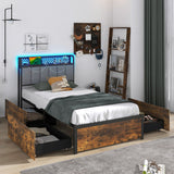 Twin/Full/Queen Bed Frame with LED Lights  Upholstered Headboard and 4 Storage Drawers-Twin size