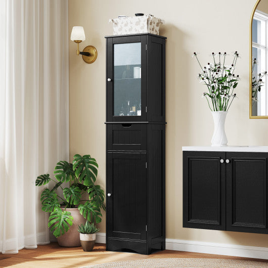 Tall Floor Storage Cabinet with 2 Doors and 1 Drawer for Bathroom-Black