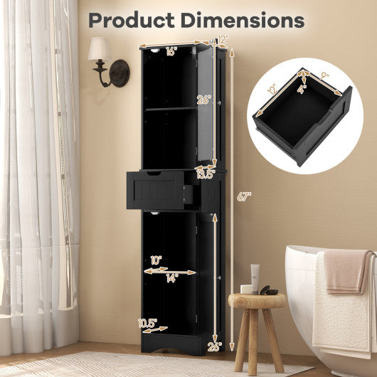 Tall Floor Storage Cabinet with 2 Doors and 1 Drawer for Bathroom-Black