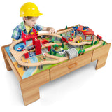 Kids Double-Sided Wooden Train Table Playset with Storage Drawer