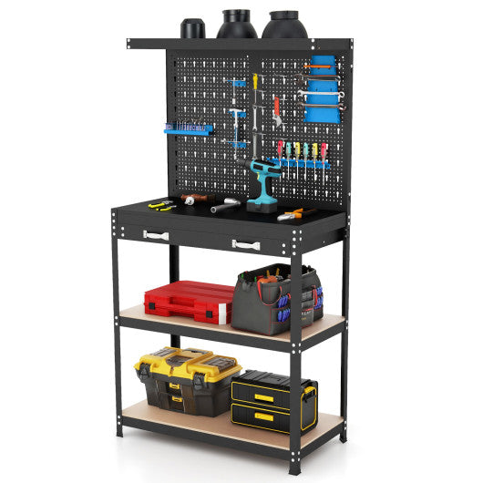 Tool Storage Workbench with Pegboard with 14 Hanging Accessories for Garage-Black and Blue