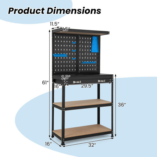 Tool Storage Workbench with Pegboard with 14 Hanging Accessories for Garage-Black and Blue