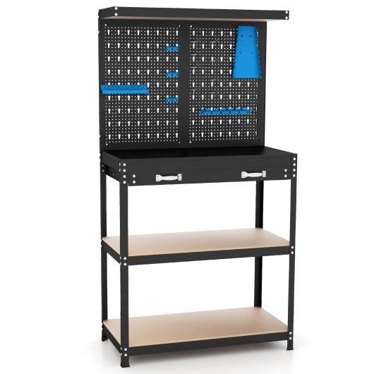 Tool Storage Workbench with Pegboard with 14 Hanging Accessories for Garage-Black and Blue