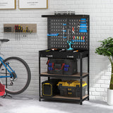 Tool Storage Workbench with Pegboard with 14 Hanging Accessories for Garage-Black and Blue