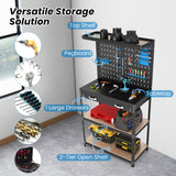 Tool Storage Workbench with Pegboard with 14 Hanging Accessories for Garage-Black and Blue