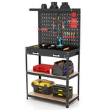 Tool Storage Workbench with Pegboard with 14 Hanging Accessories for Garage-Black and Red