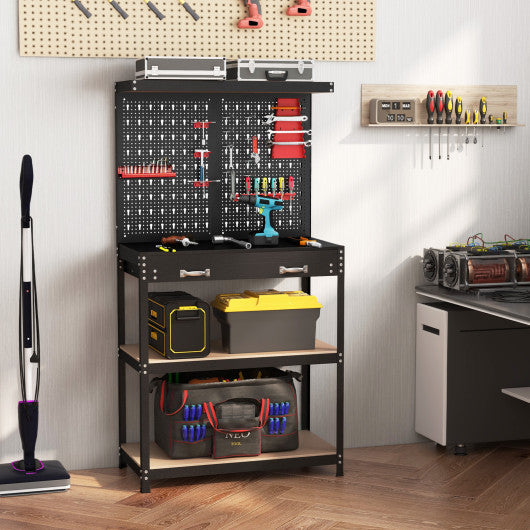 Tool Storage Workbench with Pegboard with 14 Hanging Accessories for Garage-Black and Red