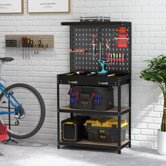 Tool Storage Workbench with Pegboard with 14 Hanging Accessories for Garage-Black and Red