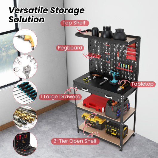 Tool Storage Workbench with Pegboard with 14 Hanging Accessories for Garage-Black and Red