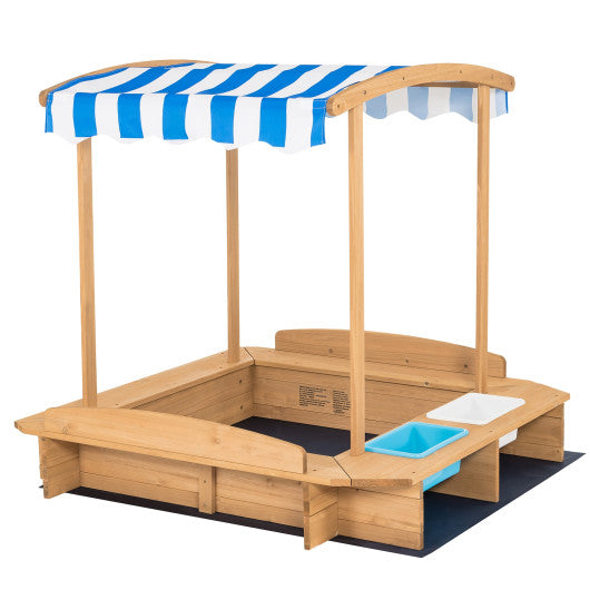 Kids Wooden Sandbox with Striped Canopy