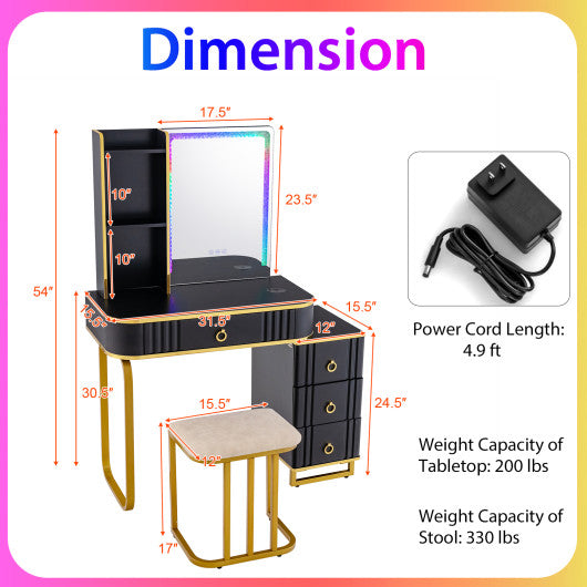 Vanity Table Set with RGB LED Lights and Wireless Charging Station-Black