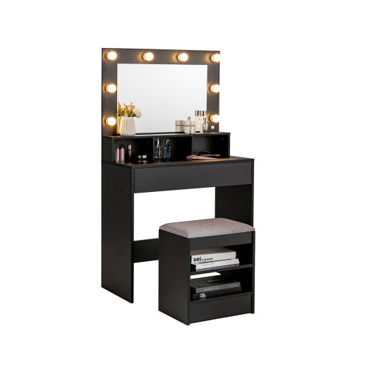Vanity Table Set with Lighted Mirror and Cushion Stool-Black