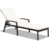 Patio Rattan Lounge Chaise Recliner with Back Adjustable Cushioned-White