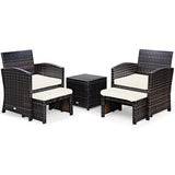 5 Pieces Patio Rattan Furniture Set with Ottoman and Tempered Glass Coffee Table-White