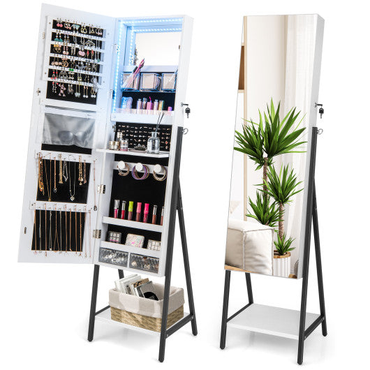 Freestanding Jewelry Cabinet with Full-Length Mirror-White