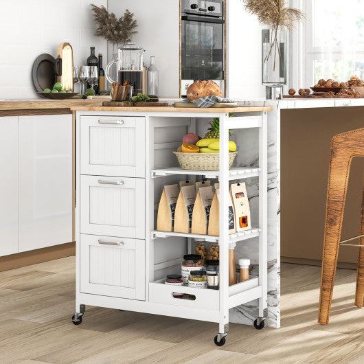 Rolling Kitchen Island Utility Storage Cart with 3 Large Drawers-White