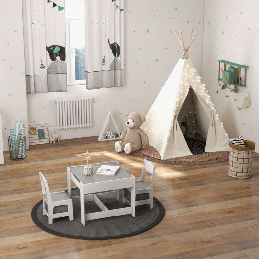 Kids Table Chairs Set With Storage Boxes Blackboard Whiteboard Drawing-White