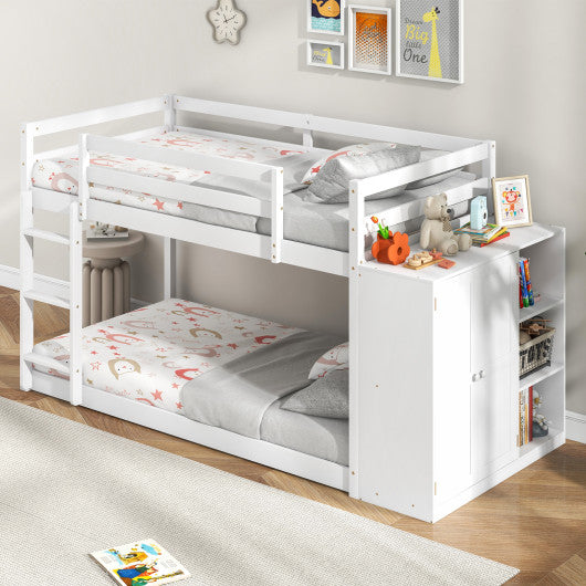 Twin Size Bunk Bed with Convertible Bookcase and Ladder-White