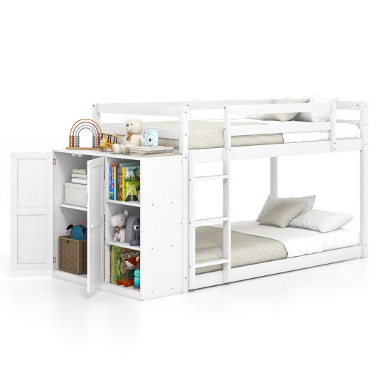 Twin Size Bunk Bed with Convertible Bookcase and Ladder-White