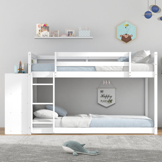 Twin Size Bunk Bed with Convertible Bookcase and Ladder-White