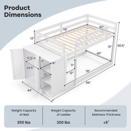 Twin Size Bunk Bed with Convertible Bookcase and Ladder-White
