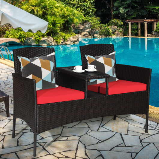 Wicker Patio Conversation Furniture Set with Removable Cushions and Table-Red