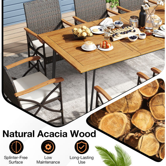 Wicker Patio Furniture Set of 8 Armchairs with Soft Cushions and Acacia Wood Square Table