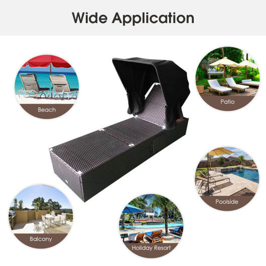 Outdoor Adjustable Cushioned Chaise Lounge Chair with Folding Canopy-Black