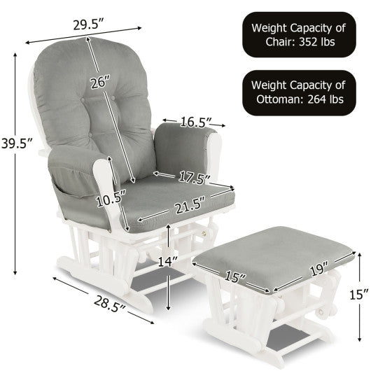 Wood Glider and Ottoman Set with Padded Armrests and Detachable Cushion-Light Gray
