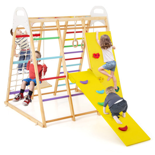 8-in-1 Wooden Jungle Gym Playset with Slide and Monkey Bars-Multicolor