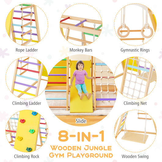 8-in-1 Wooden Jungle Gym Playset with Slide and Monkey Bars-Multicolor
