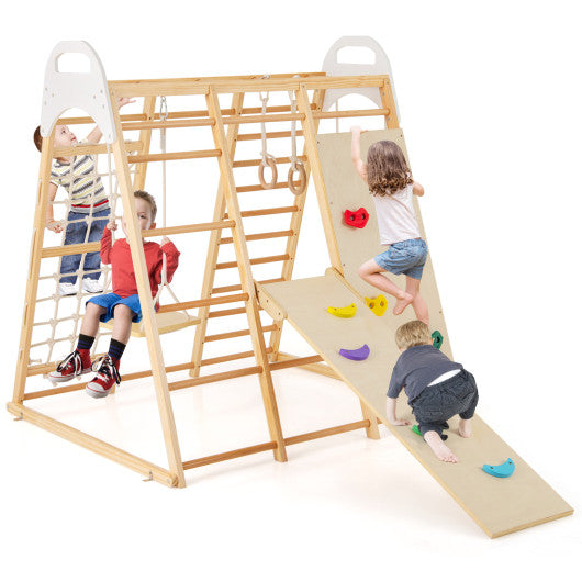 8-in-1 Wooden Jungle Gym Playset with Slide and Monkey Bars-Natural