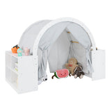 Wooden Kids Play Tent with Curtain Shades and 8 Cubbies-White