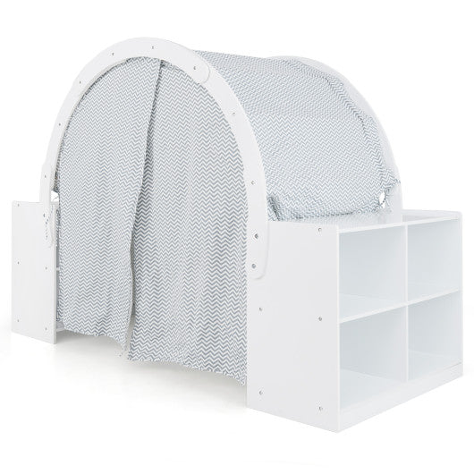 Wooden Kids Play Tent with Curtain Shades and 8 Cubbies-White