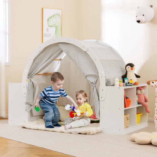 Wooden Kids Play Tent with Curtain Shades and 8 Cubbies-White