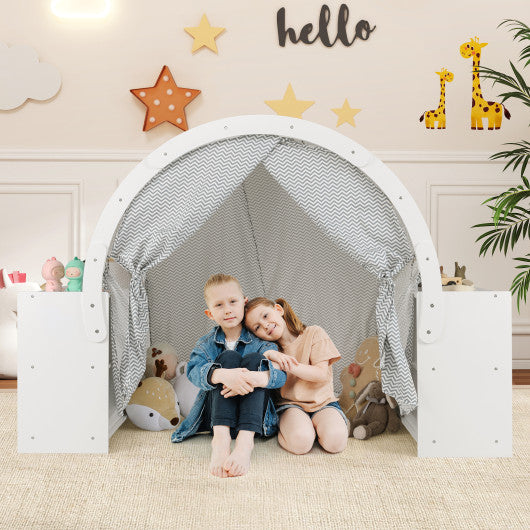 Wooden Kids Play Tent with Curtain Shades and 8 Cubbies-White