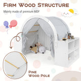 Wooden Kids Play Tent with Curtain Shades and 8 Cubbies-White