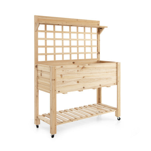 Wooden Raised Garden Bed with Wheels Trellis and Storage Shelf