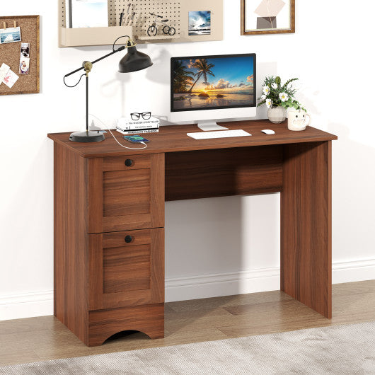 Wooden Vintage Computer Desk with 2 Drawers for Home and Office-Walnut